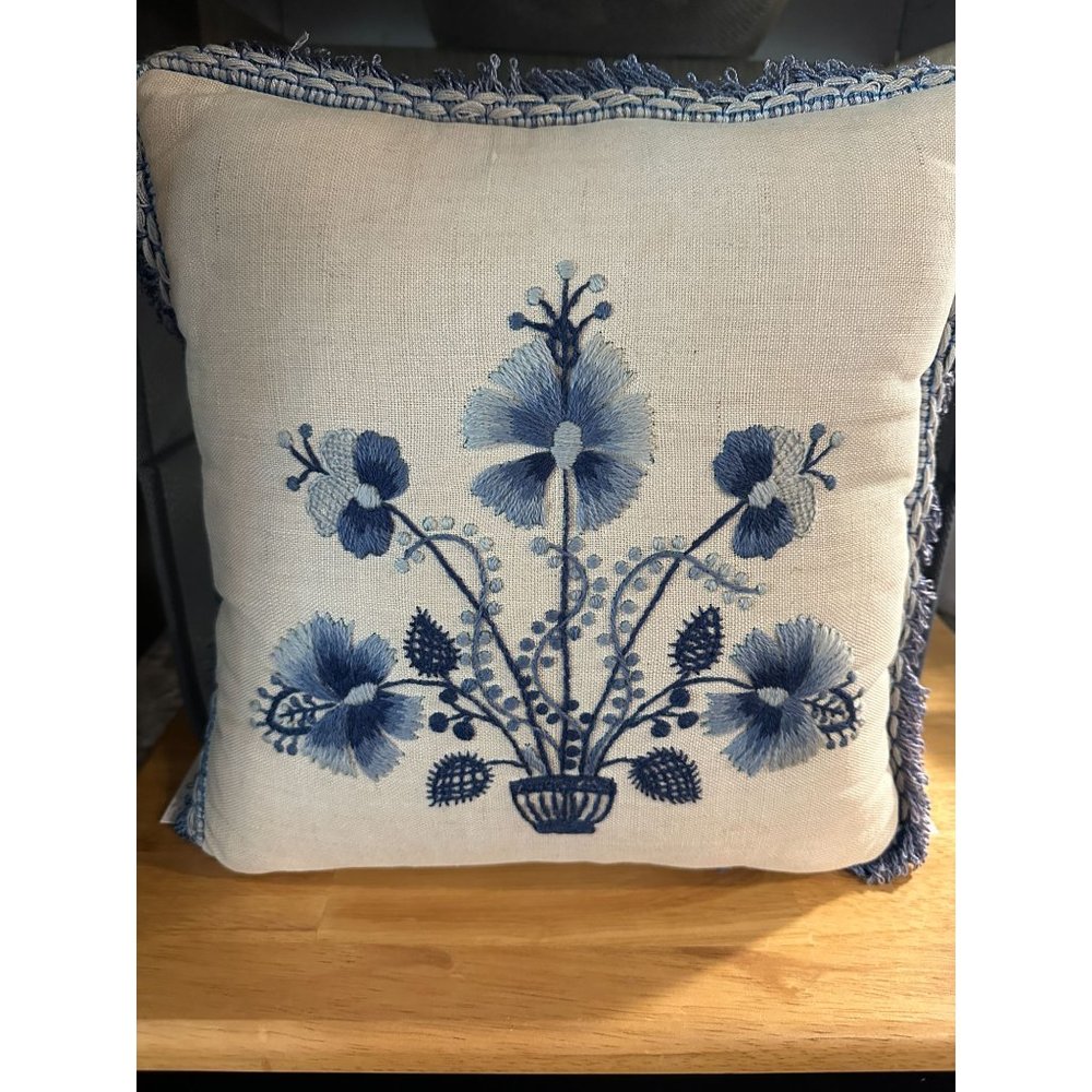 Vintage Unique Hand Made Needlepoint Embroidery MCM Boho Flower Pillow Fringe